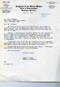 Correspondence from Congressman James R. Jones to Mr. Jerald Shipman regarding White House and Capitol building tours, 1985-06-14